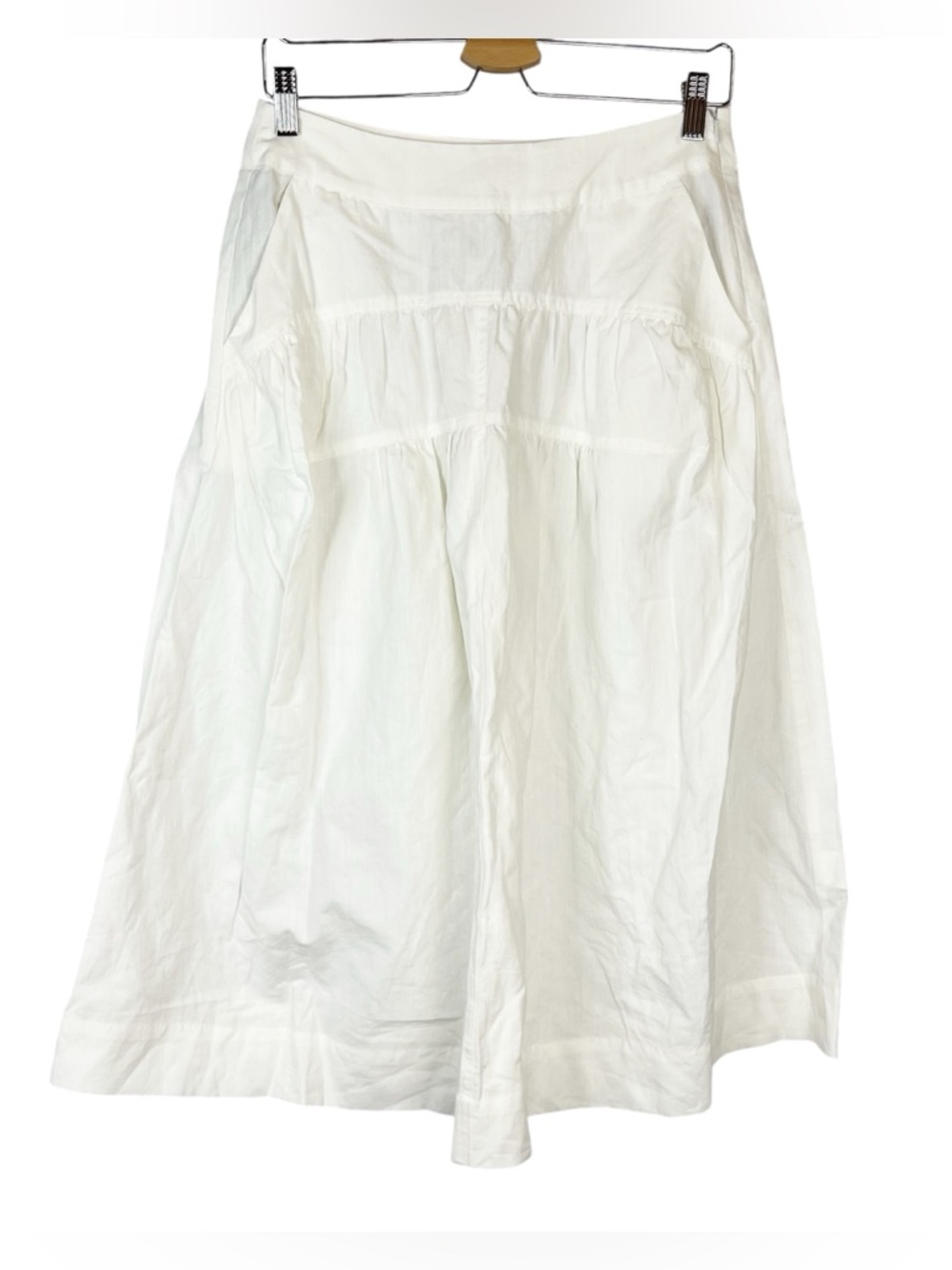 NWT The Korner Off White Tiered Cotton Linen Pleated Midi Skirt with Pockets